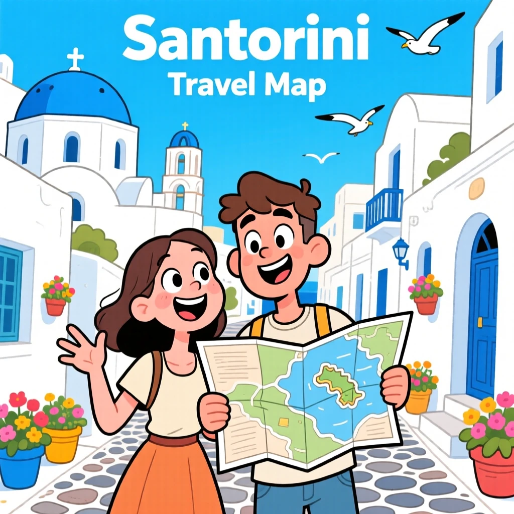 An iconic travel scene featuring a young couple wandering the colorful streets of Santorini, with a map slightly askew in hand.