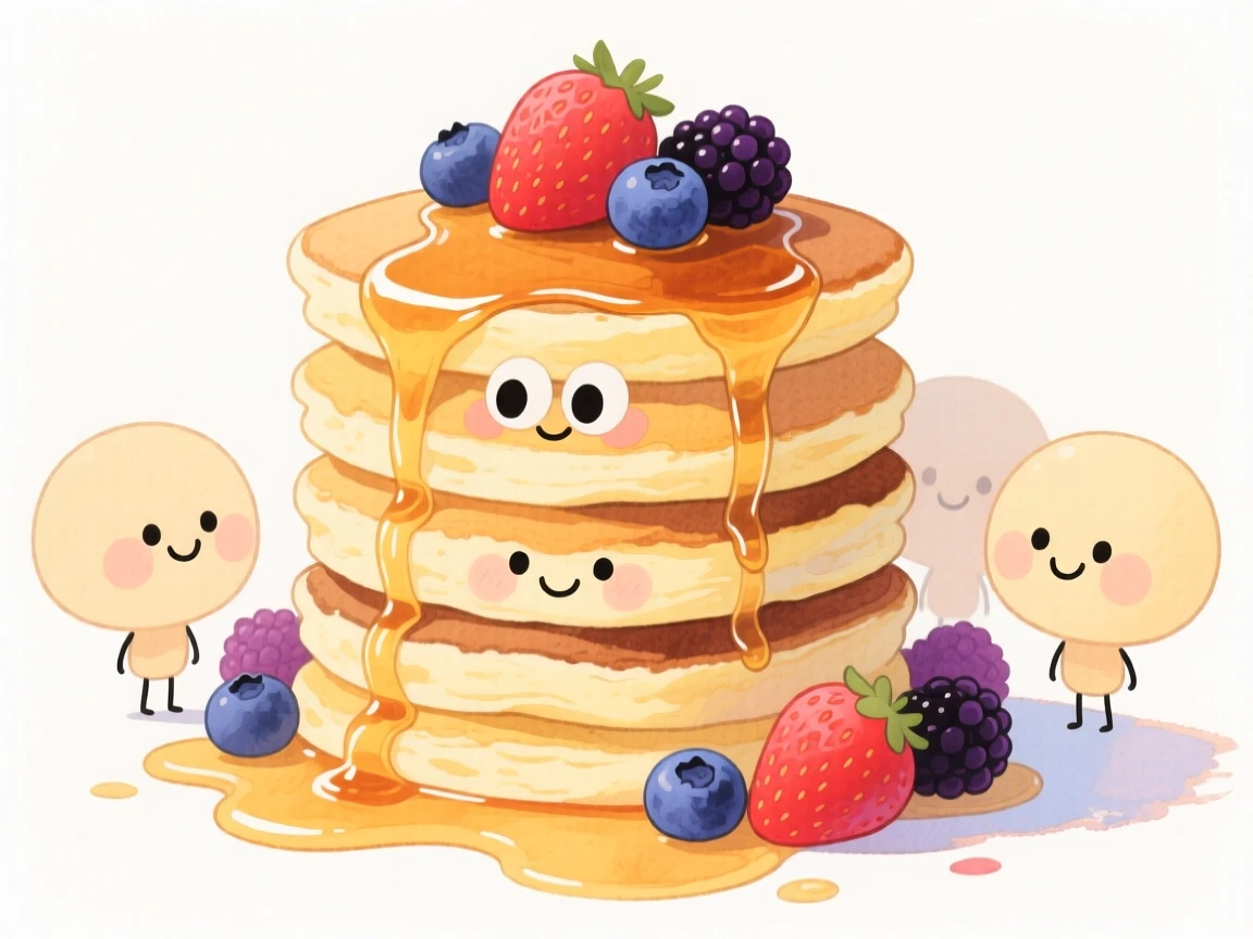 A cozy, appetizing, elegant and intimate scene of a stack of golden pancakes drizzled with syrup and berries