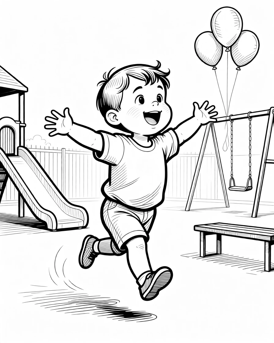 A toddler taking his very first wobbly steps, leaping with both arms outstretched to catch one, set on a school playground at recess. Balloons bob gently in the background. The image radiates the carefree magic of being young.