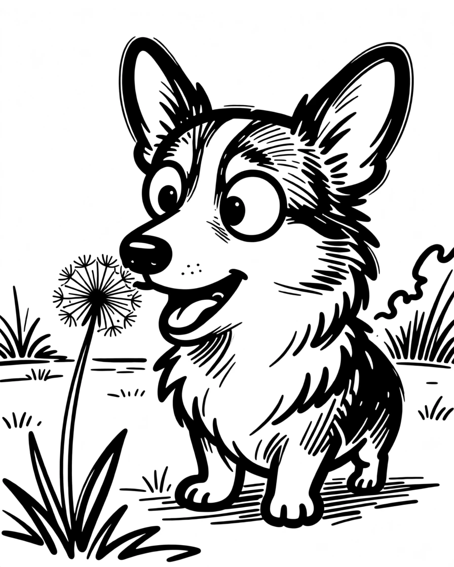 A fluffy corgi curiously sniffing a single dandelion in a sunny backyard.