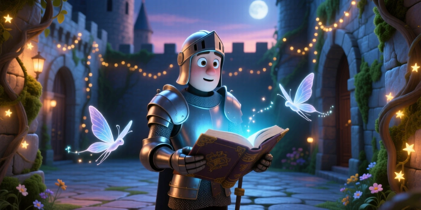 A knight in silver armor stands in a castle courtyard draped in twinkling vines, reading from an ancient glowing book. A quiet magic hums softly throughout the scene, with delicate wings catching the moonlight.