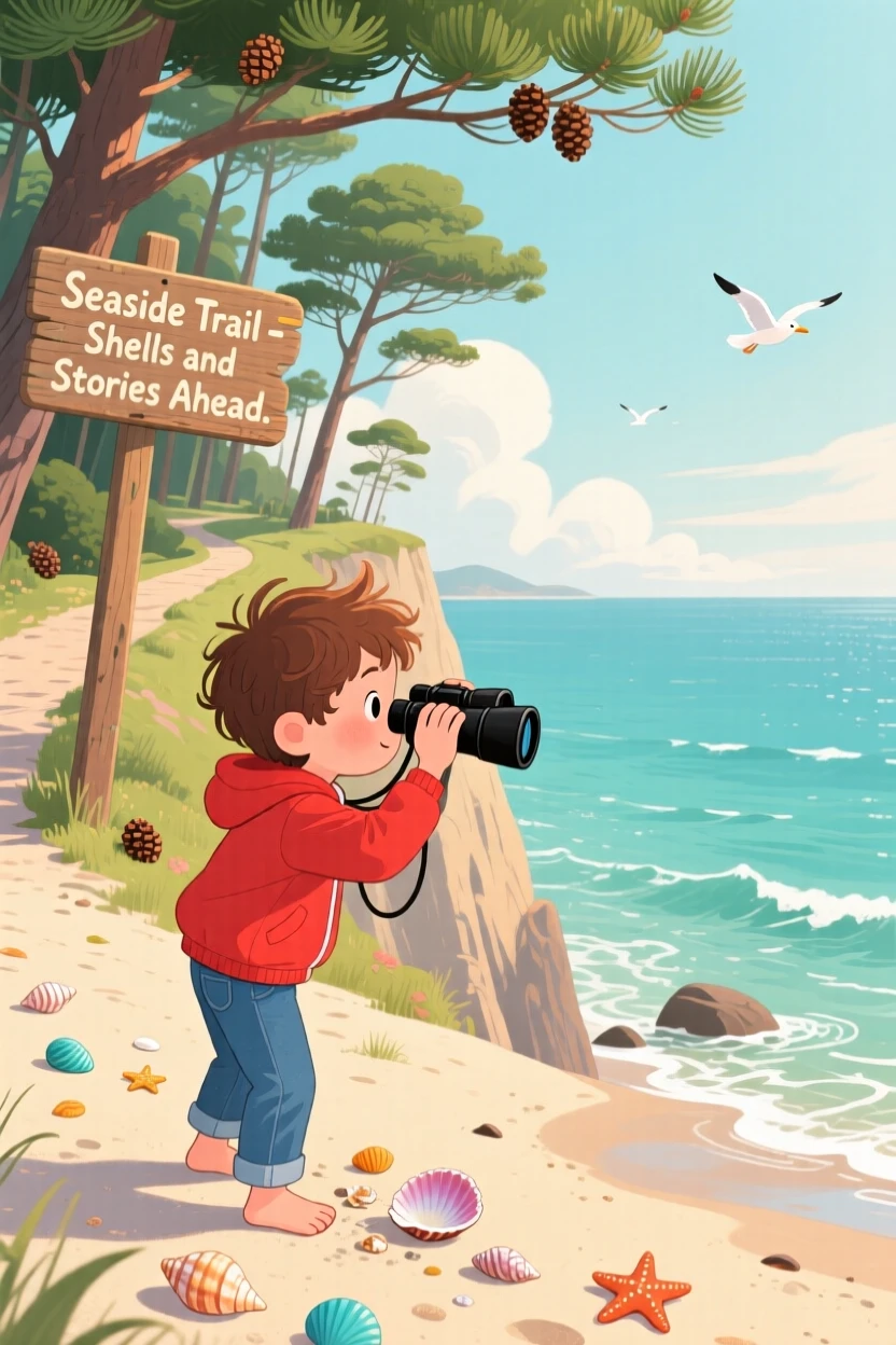 A boy with binoculars pauses while searching for shells along a quiet shoreline in a coastal cliffside trail, with the scent of pine drifting on the wind.