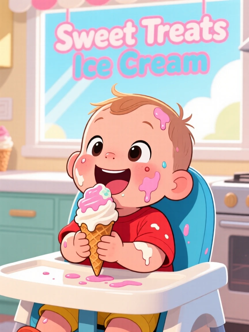 A toddler's first taste of ice cream, face covered in delight.