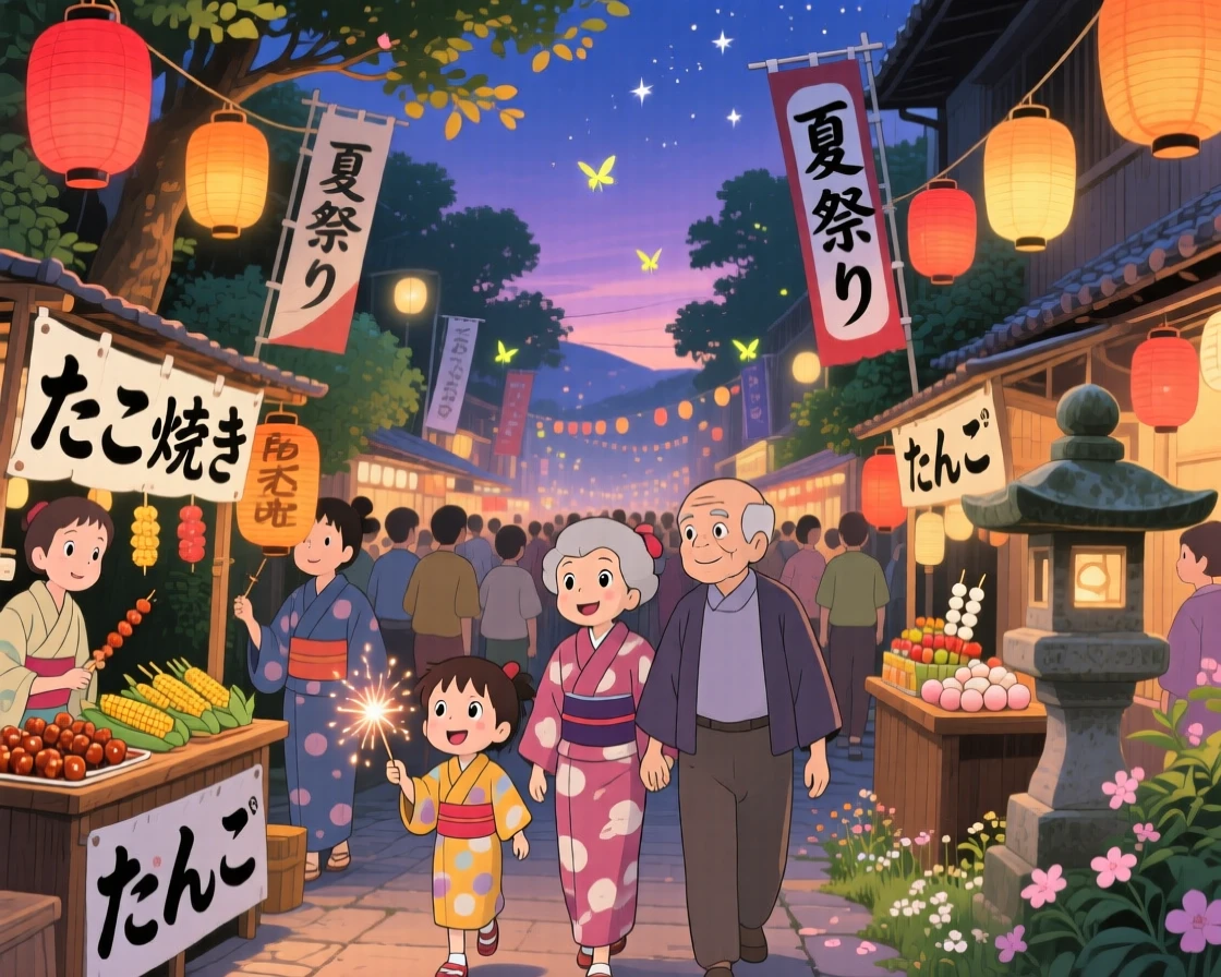 A summer scene of a lively festival with paper lanterns strung above a crowded street, with a gentle breeze stirring the scene.