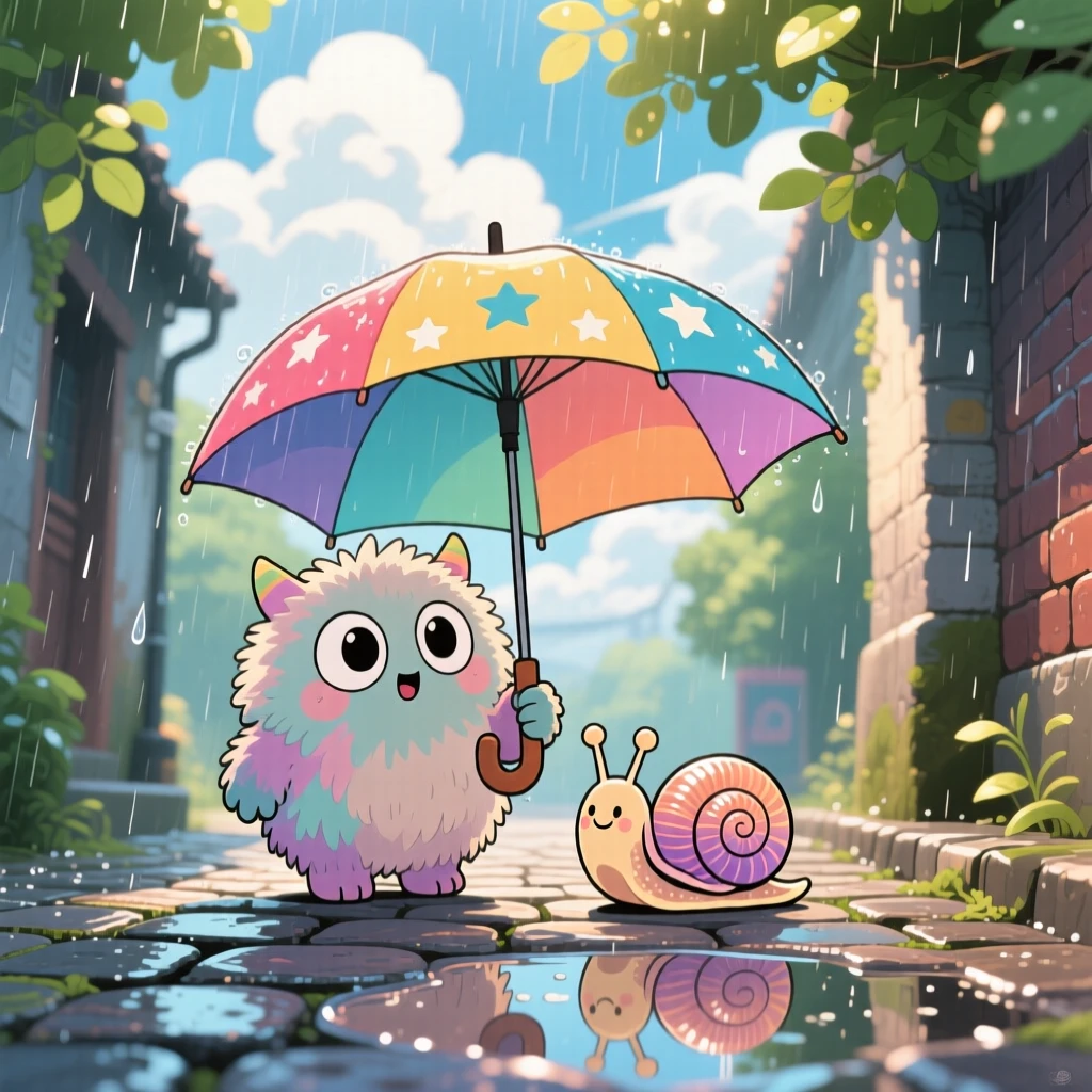 Over-the-shoulder view of a small fuzzy monster, sharing its umbrella with a snail, in a rainy cobblestone alley, beneath fluffy drifting clouds, illuminated by dappled sunlight through a canopy, radiating curious excitement.