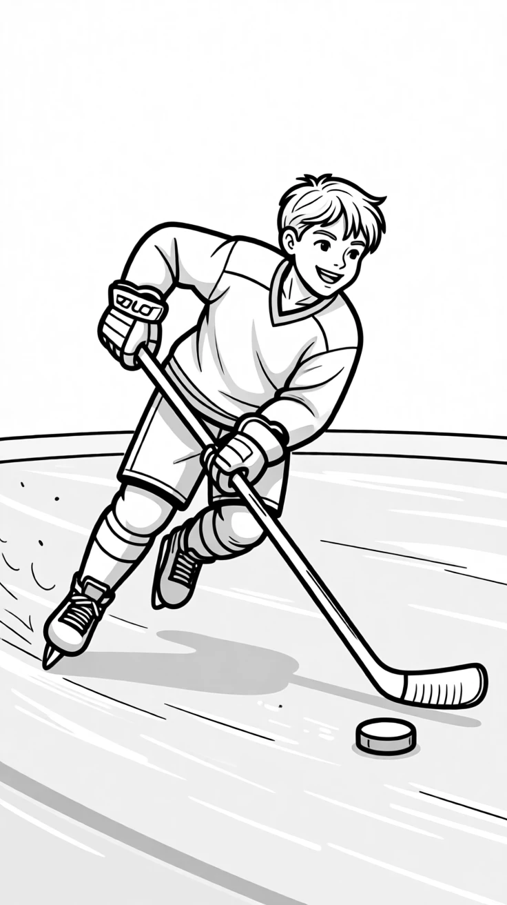 A young hockey player skating fast with a stick and puck