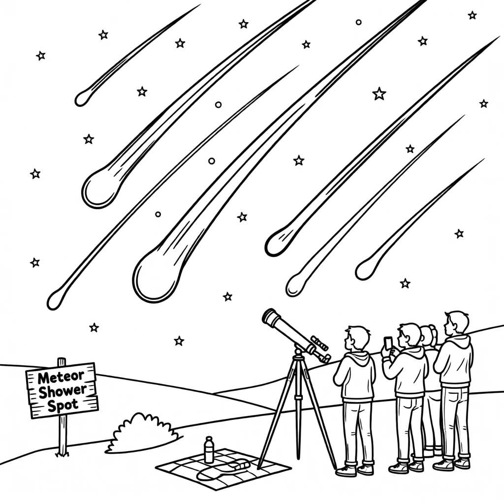 A meteor shower streaking across a night sky, with distant stars scattered like glitter across the sky.