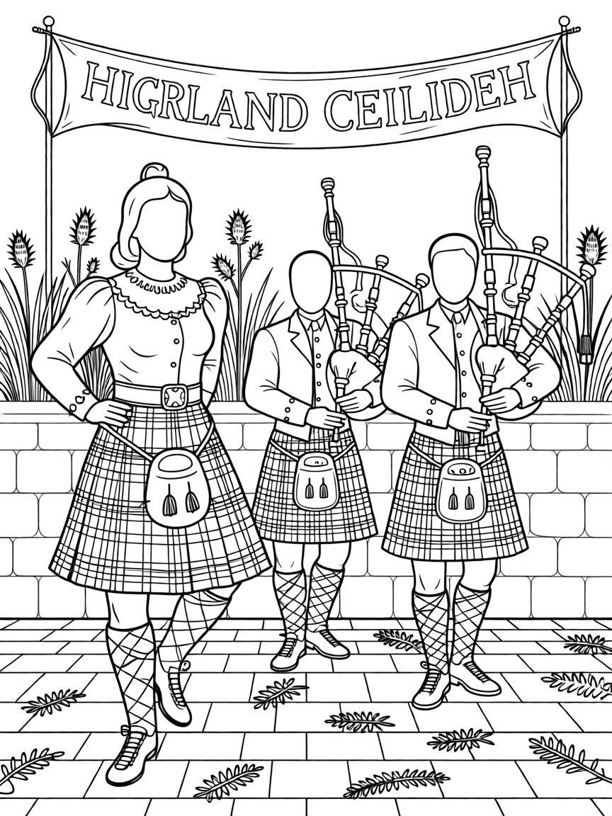 A Highland dancer in tartan performing beside bagpipers.