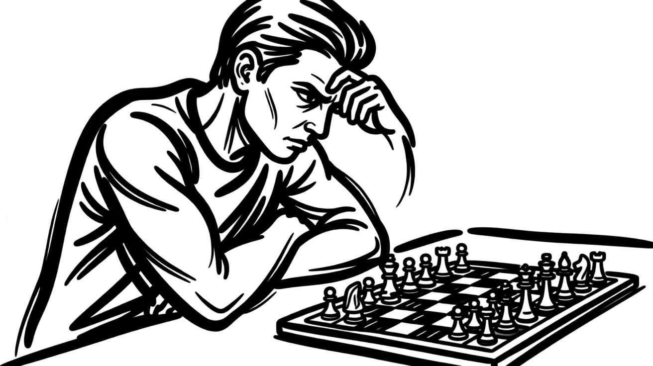 A chess player deep in thought over a mid-game board.