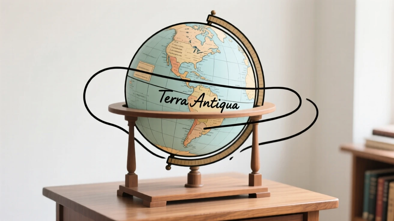 An antique globe resting on a wooden stand in a study.