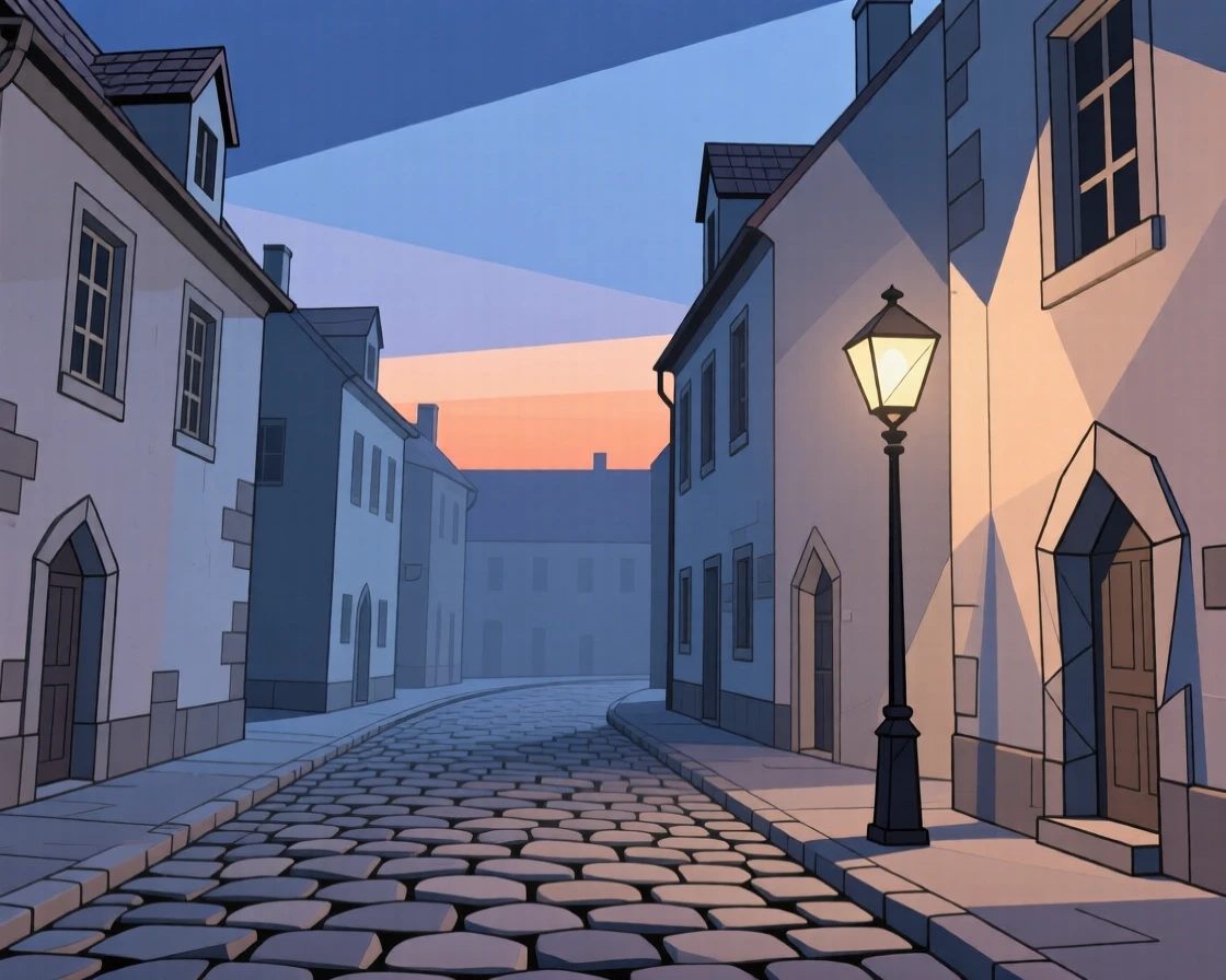 A cobblestone street in an old European town at dusk