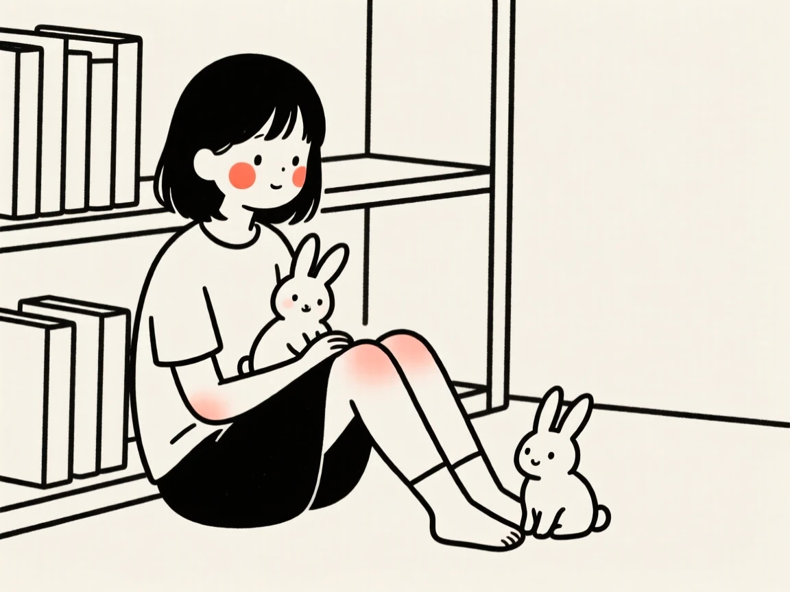 A teenage girl with a pair of bunnies, looking serene and at peace, in a quiet library.