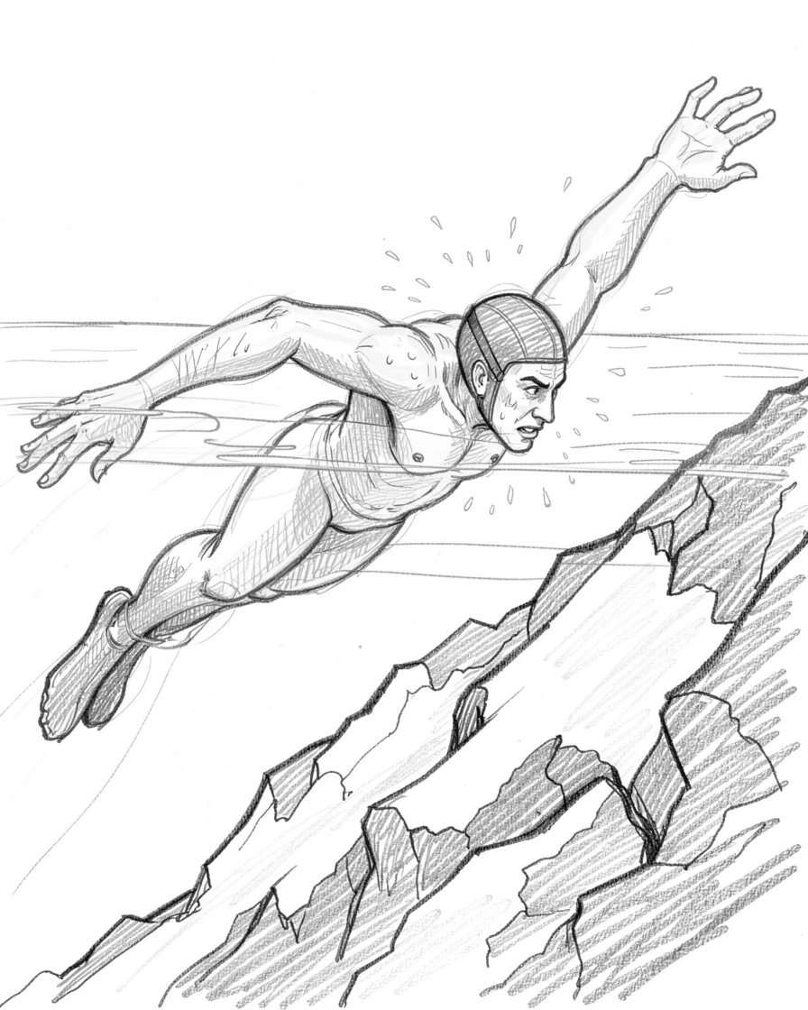 An energetic scene of a diver plunging into crystal-clear water atop a snowy mountain peak, with sweat and sunlight glistening together.