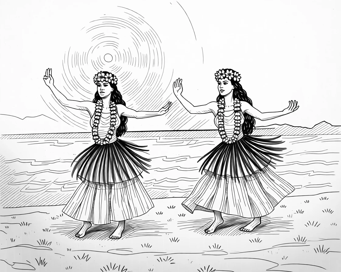 A traditional Hawaiian hula dance performed on a sandy beach at sunset.