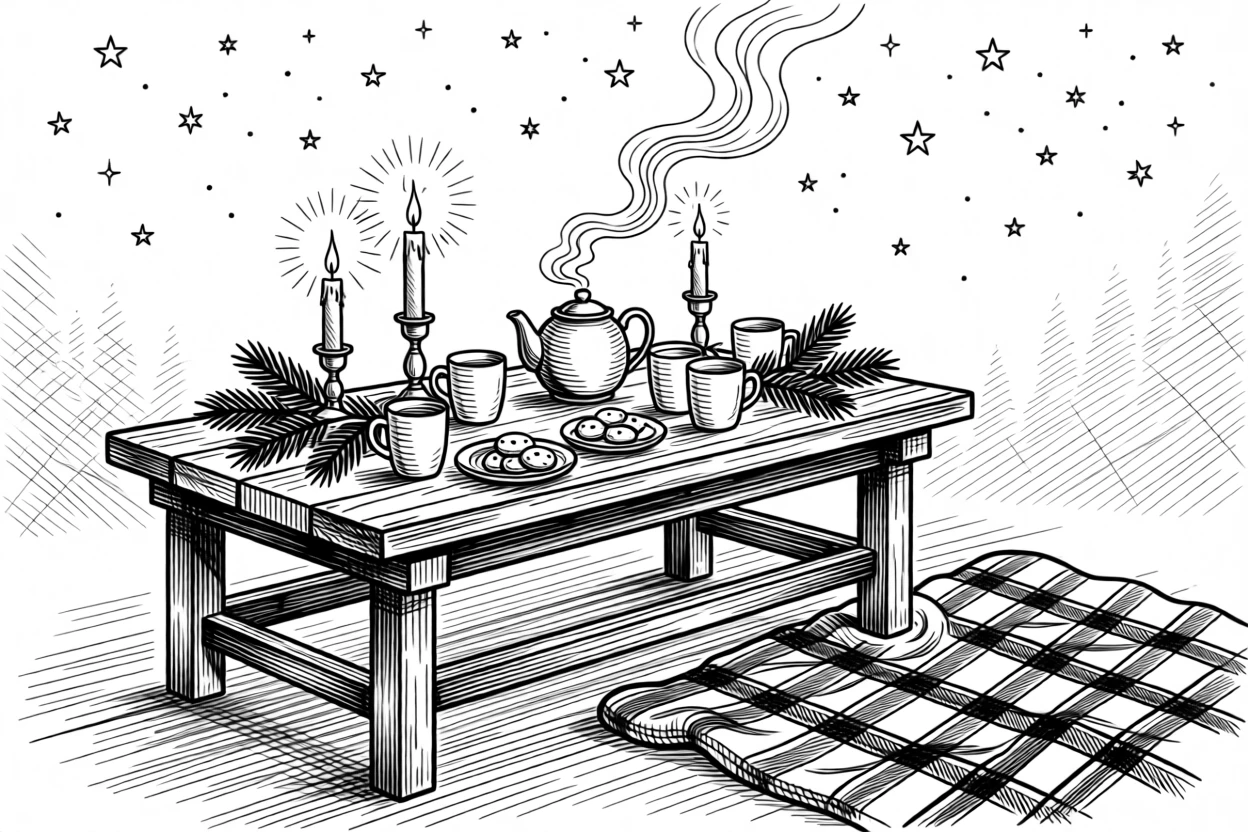 A candlelit table set for a winter celebration beneath a sky full of summer stars, with a plaid blanket spread nearby, capturing a joyfully nostalgic seasonal moment.