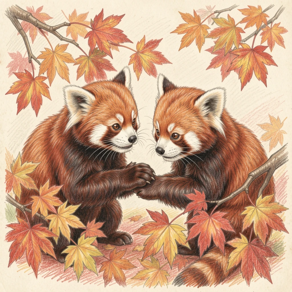A pair of red pandas playing among autumn maple branches, with soft, natural light bringing warmth to every detail, designed to feel inviting, memorable, and shareable.