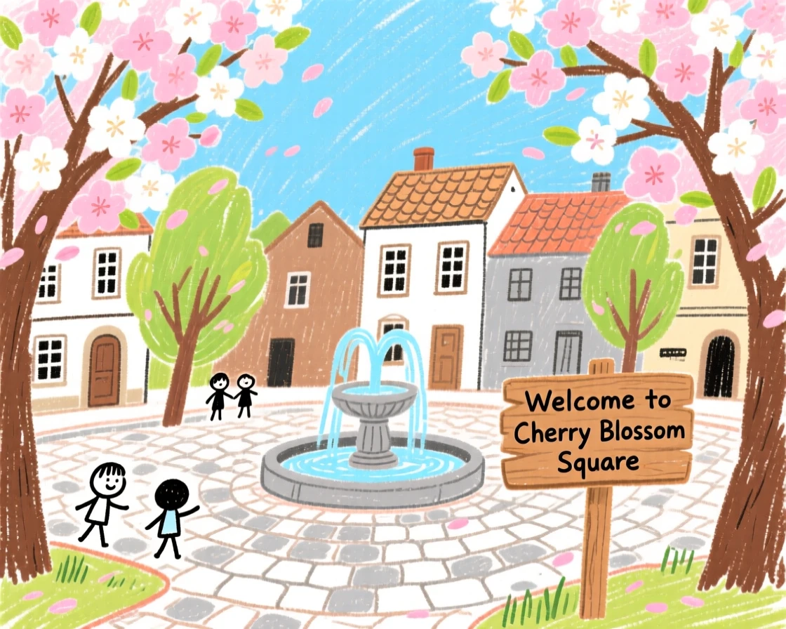 A view of a historic town square framed by blooming cherry trees in spring.