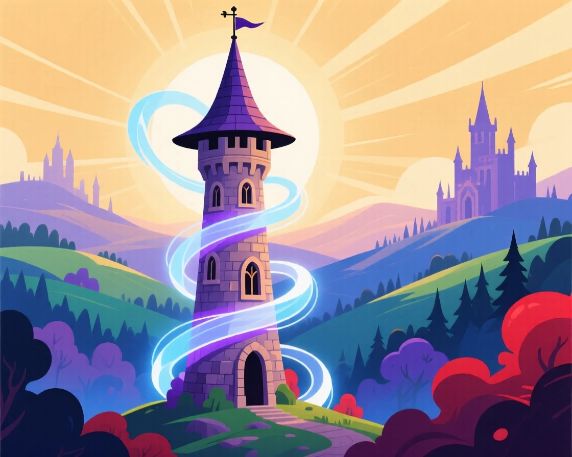 A wizard's tower spiraling upward surrounded by swirling magic, set within a mystical kingdom shrouded in soft golden light, arranged with soft glowing light radiating from the center, with rich jewel tones that evoke wonder and imagination.