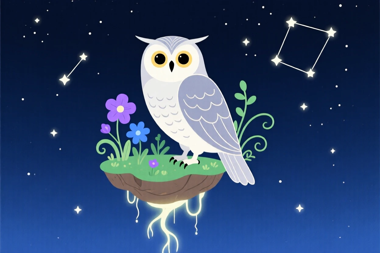 A mystical owl guardian watching the stars near a floating garden.
