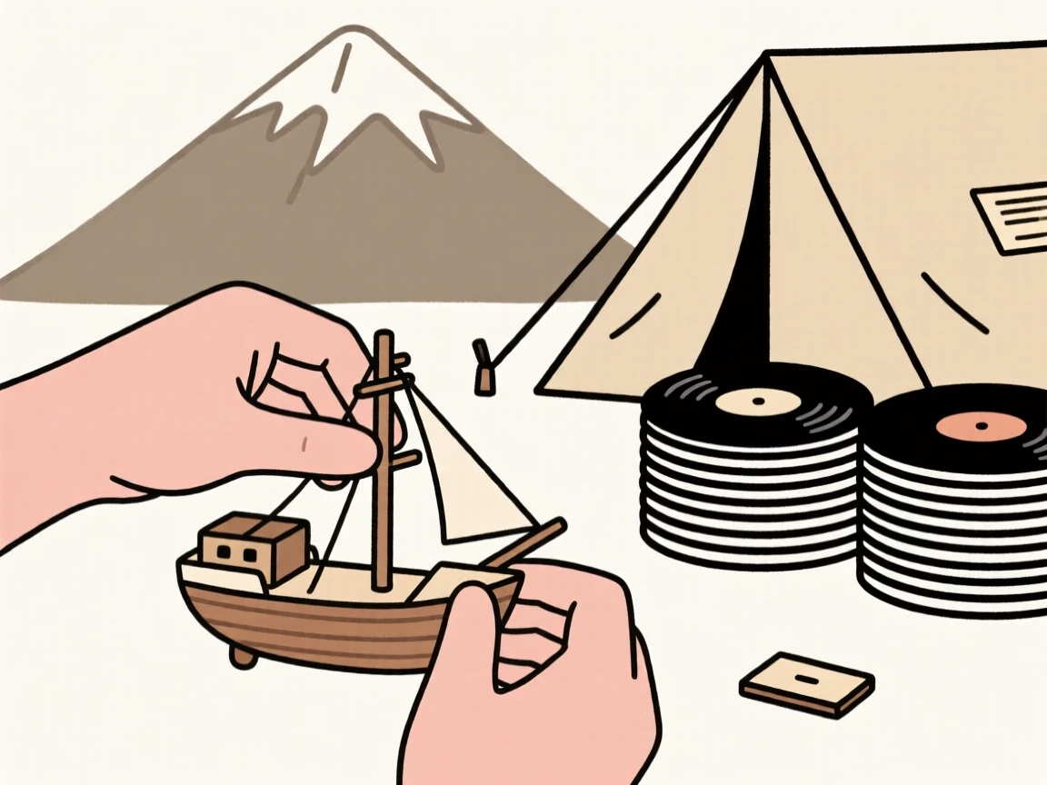 A close view of hands building a model ship near stacks of vinyl records in a mountain campsite, full of quiet satisfaction.