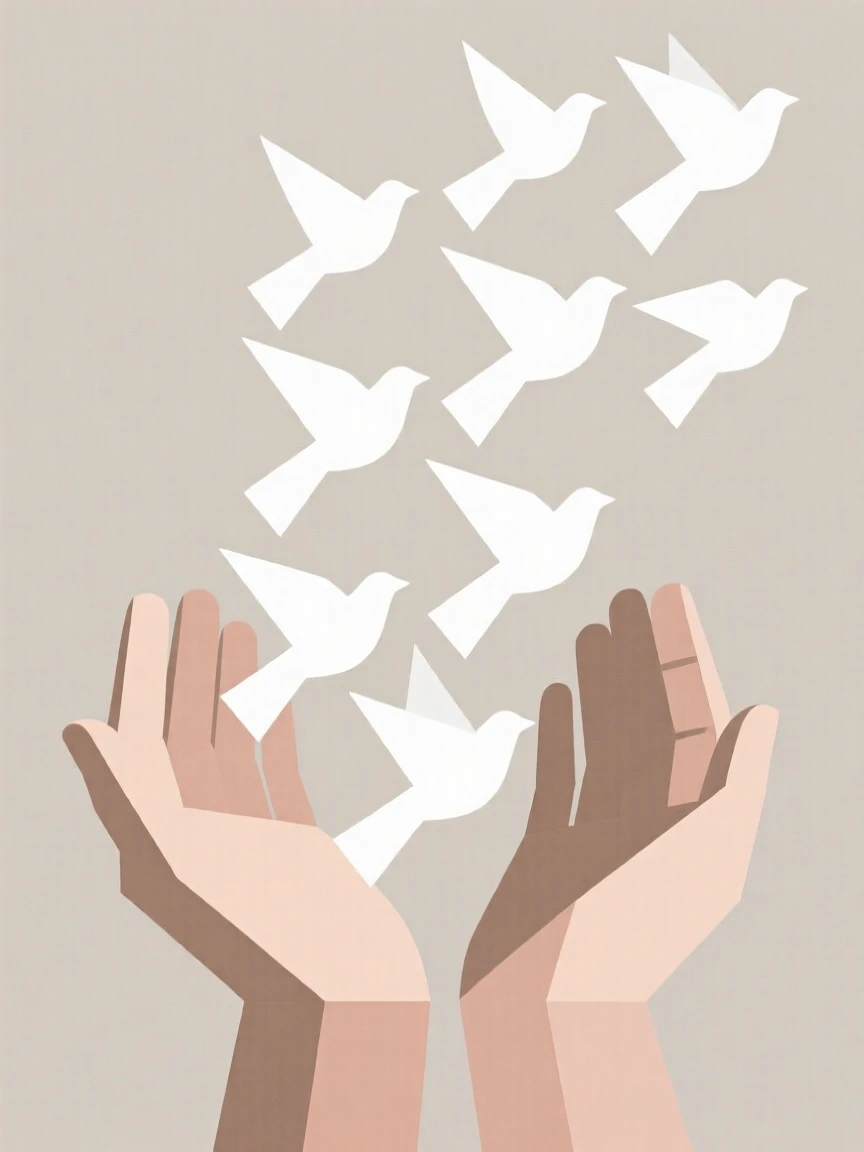 A pair of hands releasing a flock of doves