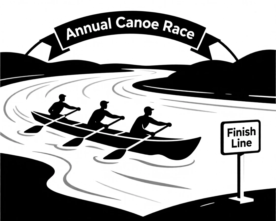 A canoe race on a wide river.