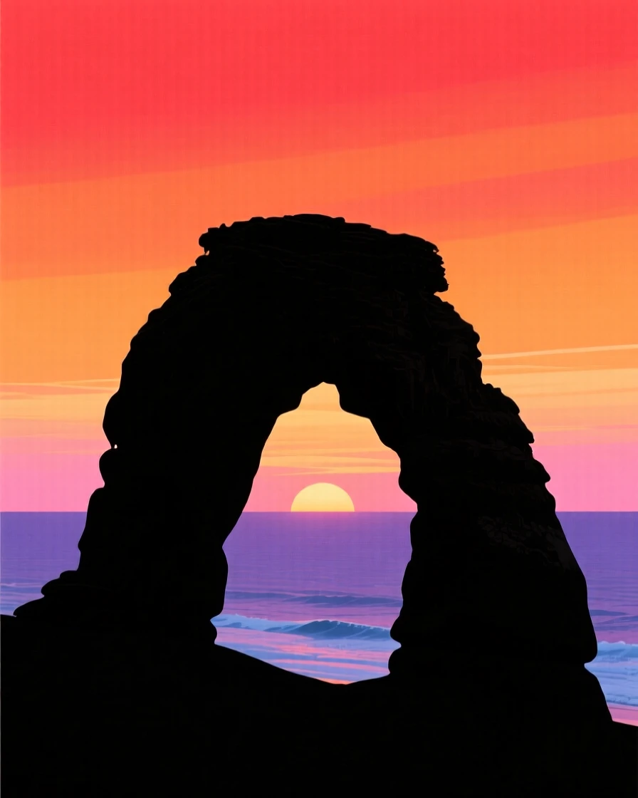 A single arched rock formation framing a distant ocean sunset.