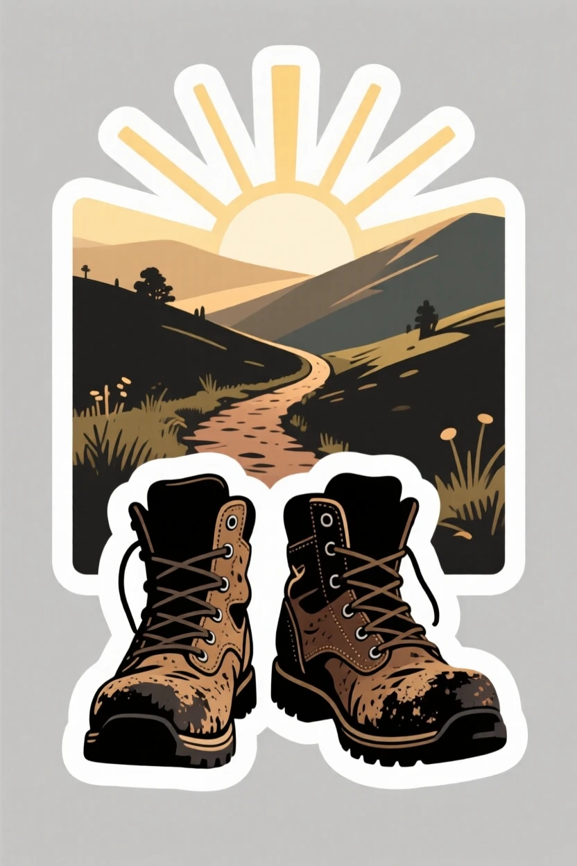 A calmly strong scene of a pair of worn hiking boots facing a scenic trail ahead, framed by soft rays of morning sun, capturing a moment of pure hope.