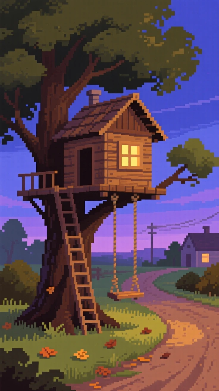 A treehouse built by neighborhood kids wrapped up against the evening chill, along a dirt road leading out of town.