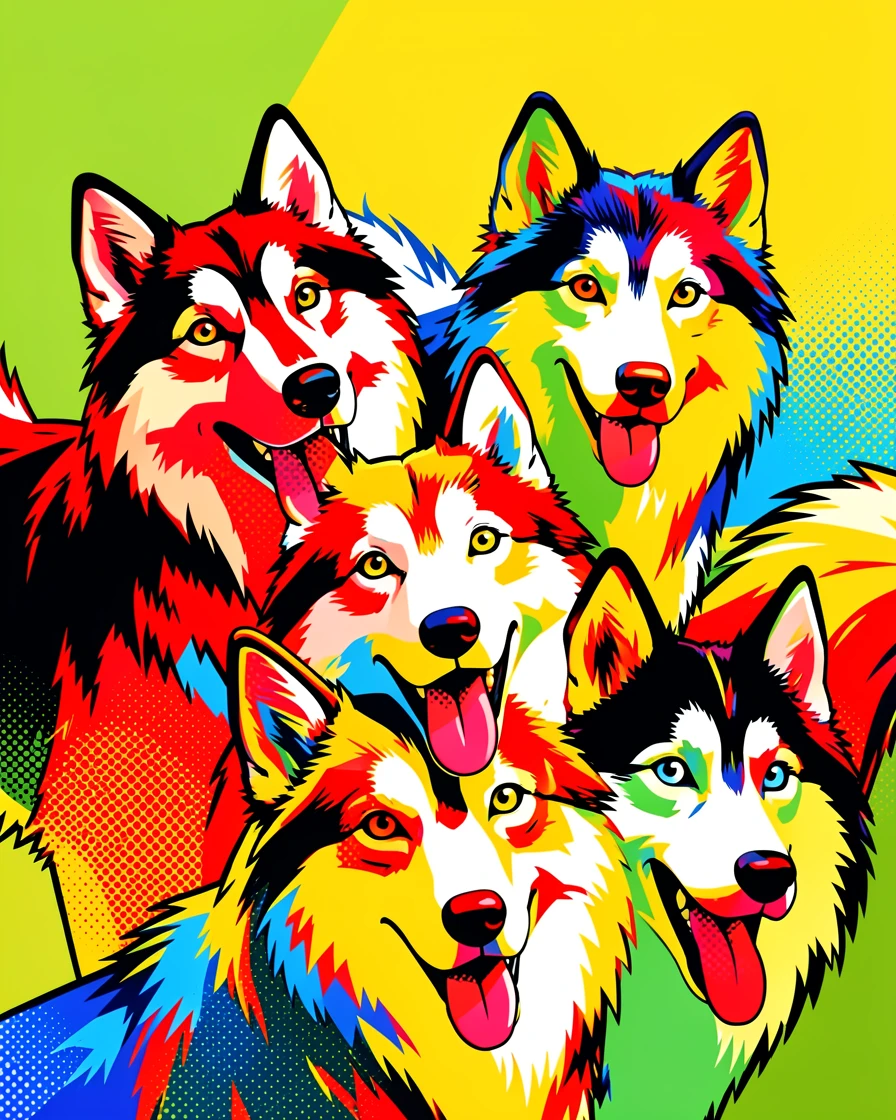 A pack of huskies caught in a candid, joyful moment