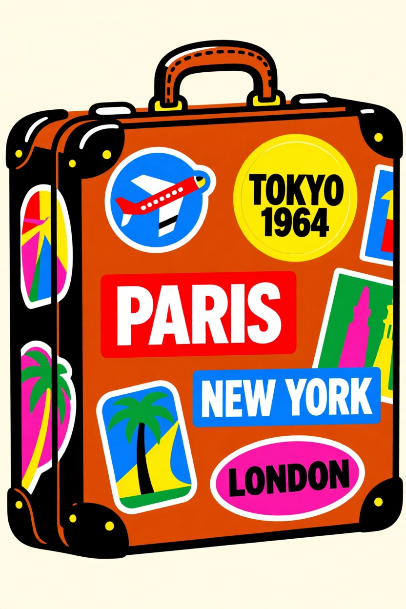 Vintage travel stickers on a leather suitcase