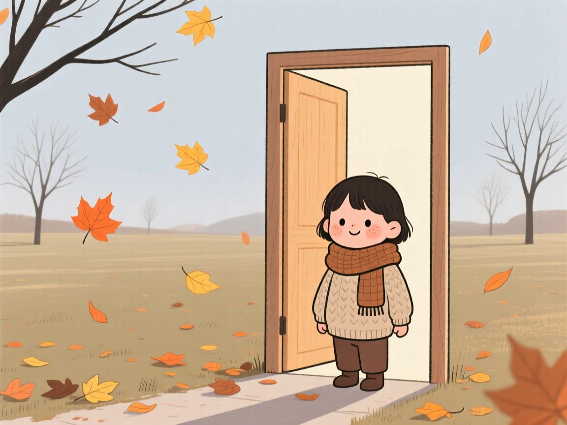 Soft autumn leaves falls over a empty park as a child watches from a cozy doorway, wrapped warmly against the winter air.