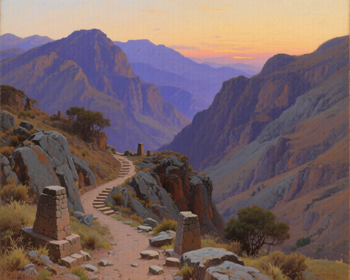An expansive vista of a rugged mountain pass with a narrow trail winding upward, at twilight, in colonial Mexico.