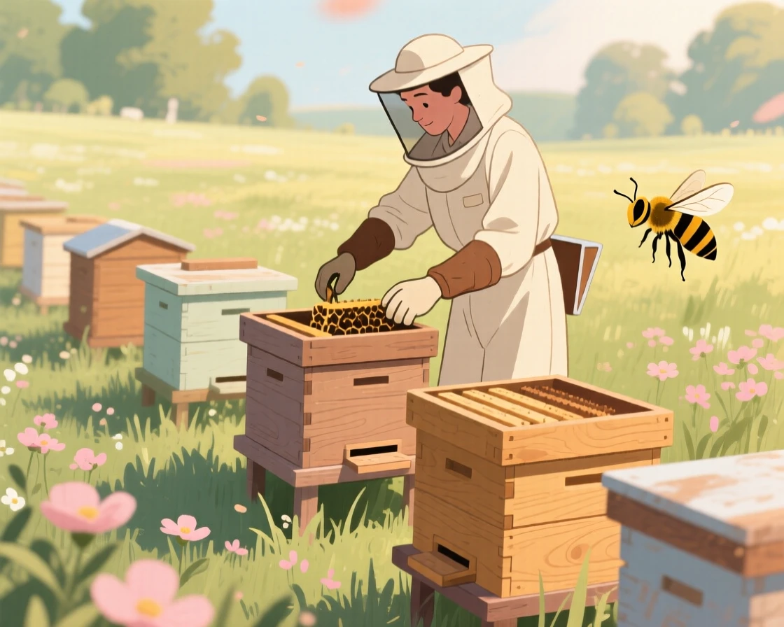 A beekeeper tending rows of wooden hives in a summer meadow