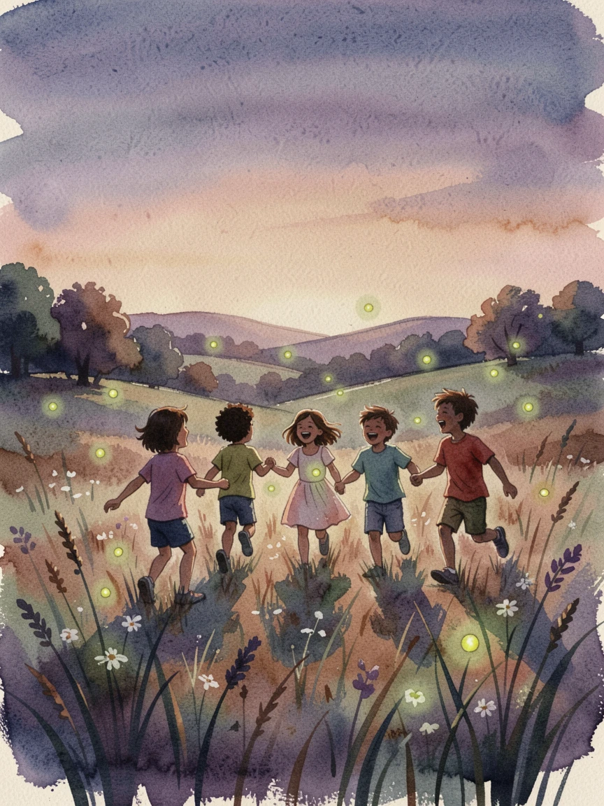 Children chasing fireflies at dusk with laughter filling the air.