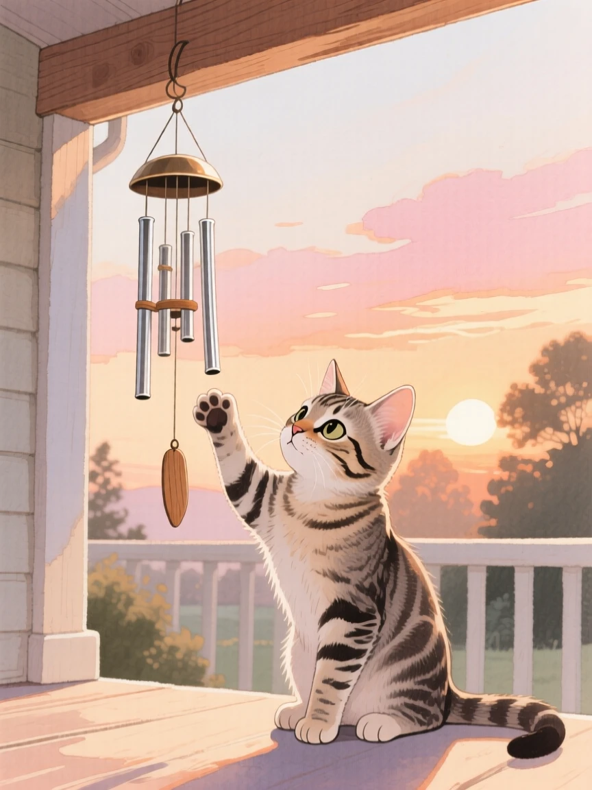 A tabby kitten bats at a dangling wind chime hanging from a porch beam at sunset