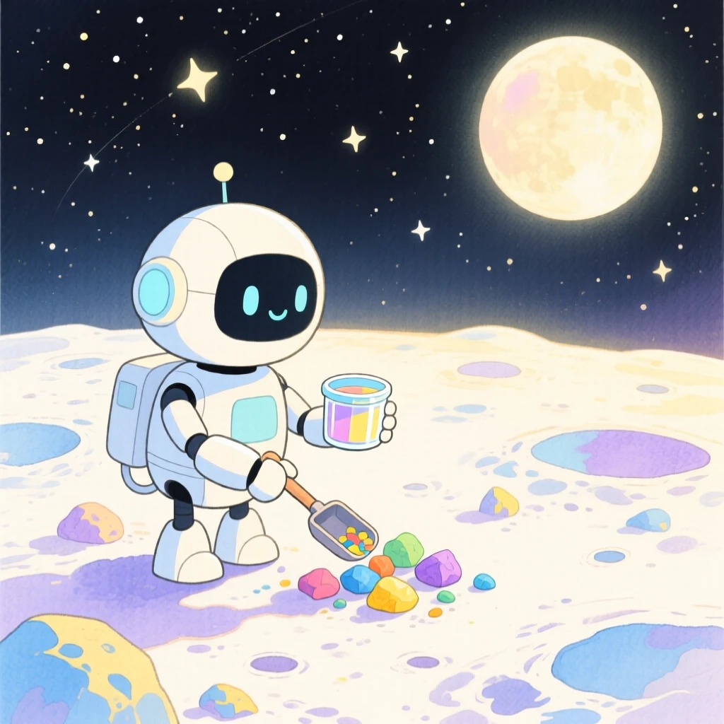A dazzling view of a robot companion collecting samples on a distant moon.