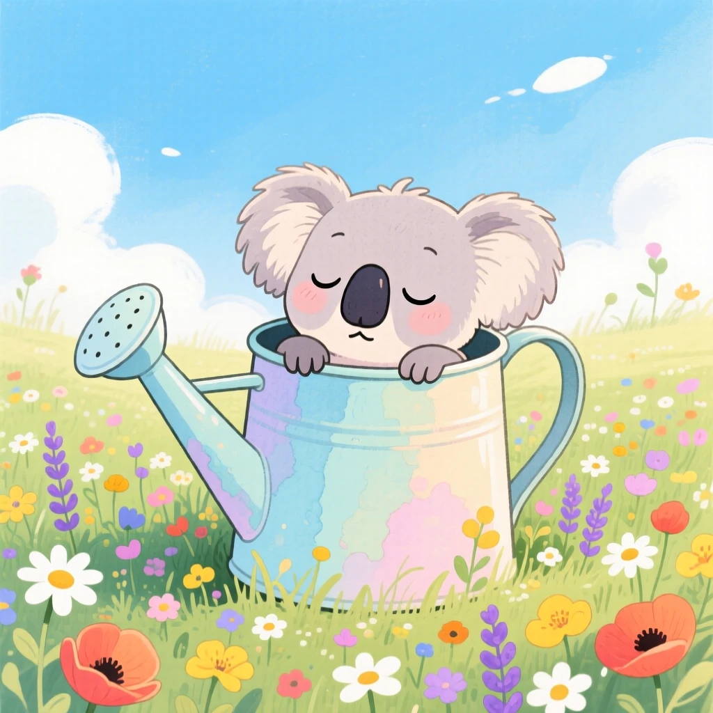 A sleepy koala peeking out of a garden watering can, set in a meadow bursting with wildflowers under a blue sky, showing unconditional love and loyalty.