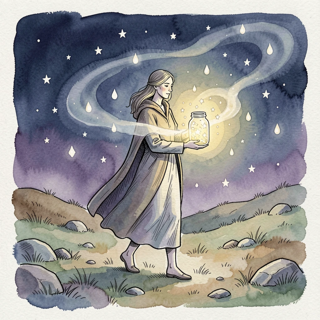 A wandering star-collector gathering fallen stars in a glass jar, swirling light and mist adding a dreamlike quality.