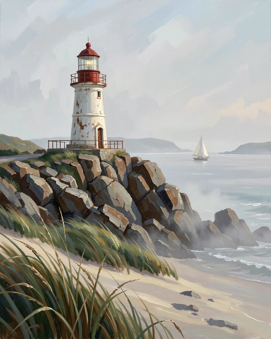 A lighthouse perched on a rugged headland, a single sailboat crossing the horizon, beneath tall grass-covered dunes, in early morning fog, the coastline barely visible.