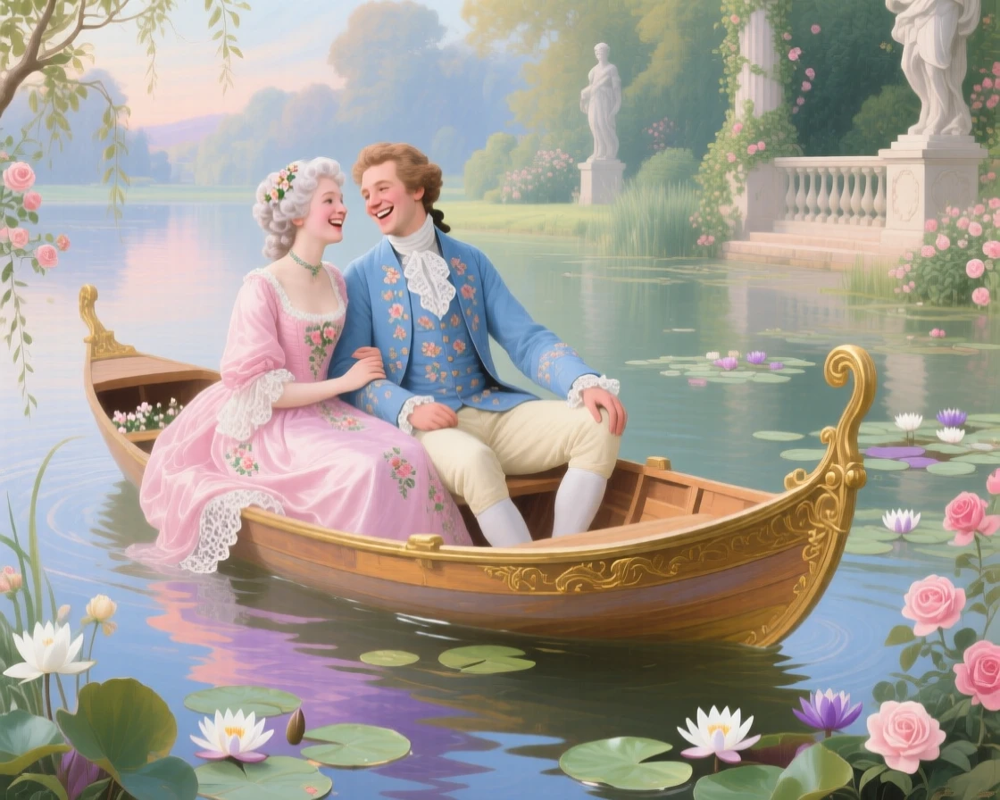 A young couple laughing together in a boat surrounded by water lilies  
