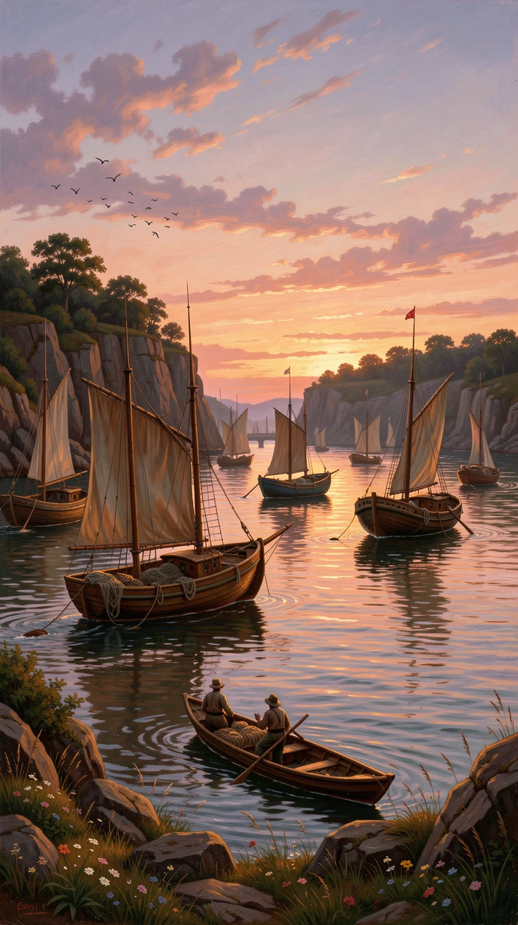 A fleet of fishing boats returns home as evening falls over the bay.