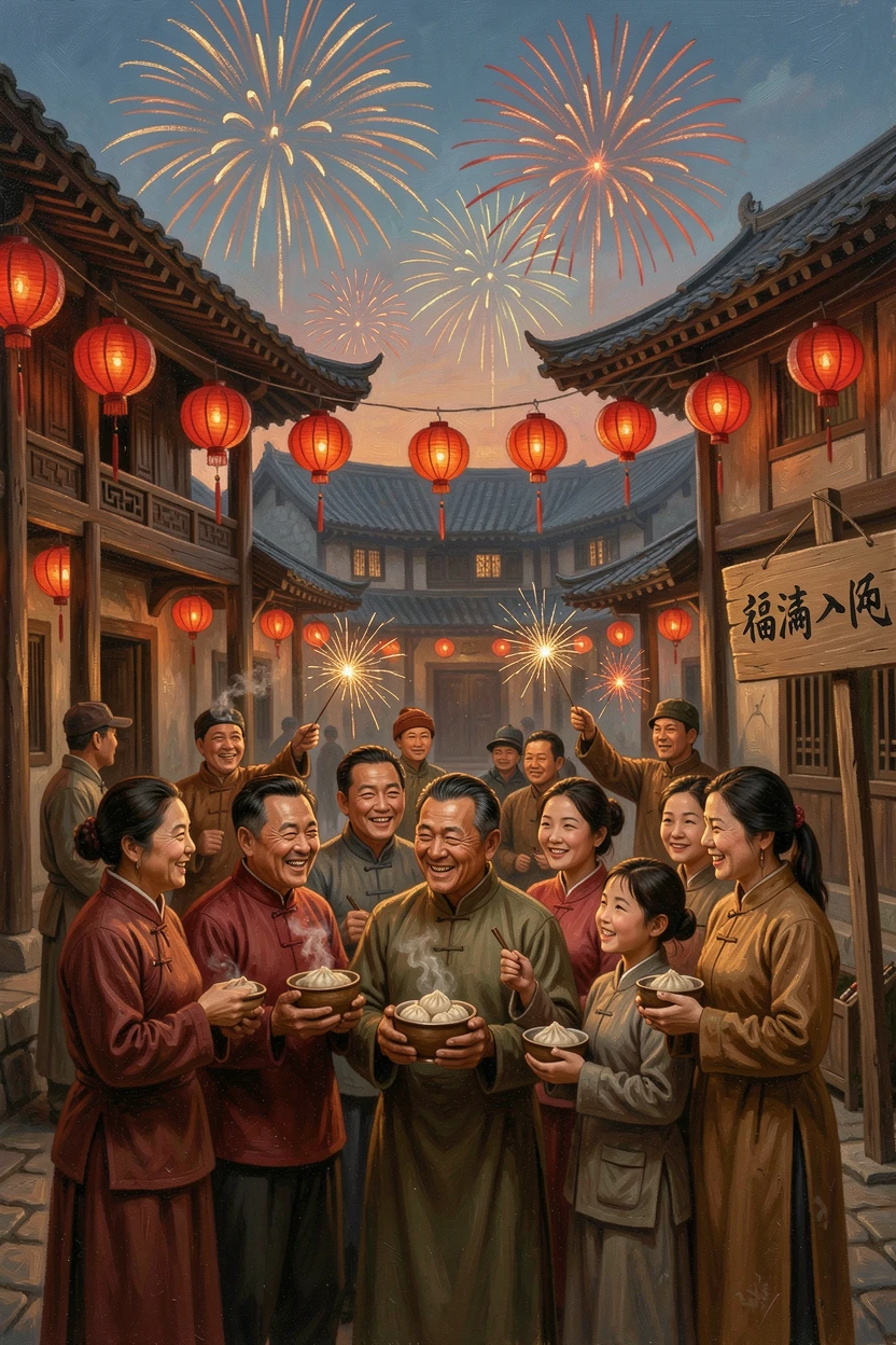 A Chinese New Year celebration filled with red lanterns and fireworks, as the whole scene radiates warmth and togetherness, capturing the warmth, joy, and magic of the season
