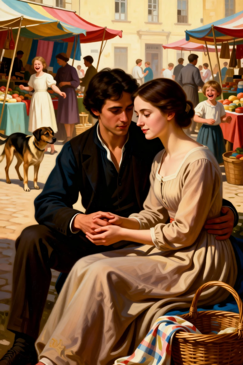 A young couple sharing a quiet picnic beside a country lane at the gentle heart of a simple daily ritual, set within a bustling market square filled with color and life, with children's laughter and a stray dog weaving underfoot; a tight, intimate framing draws focus to hands and faces at work, suggesting that meaning is found in life's smallest rituals.