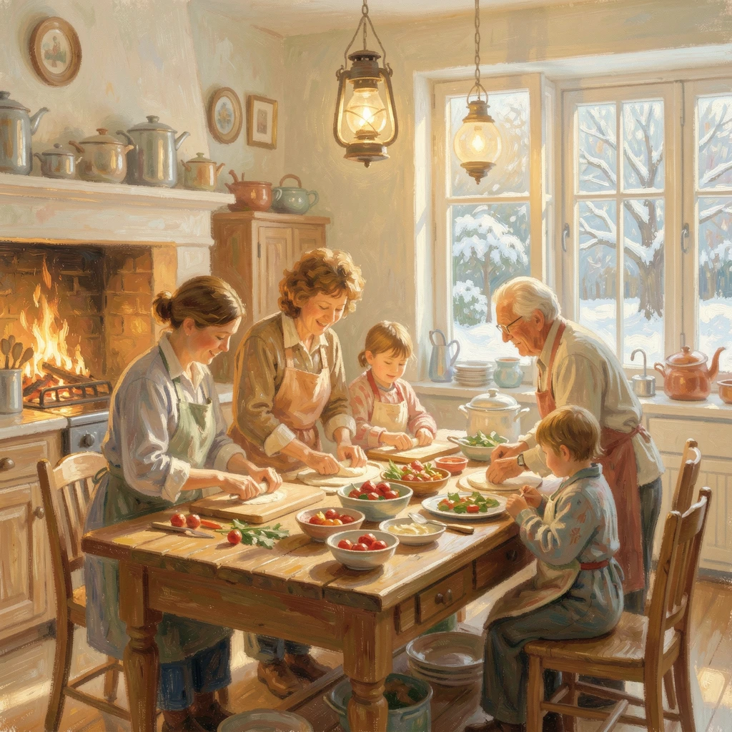 A multigenerational family preparing a holiday feast together in a warm, bustling kitchen, under a fresh blanket of snow, radiating serenity and gentle stillness.