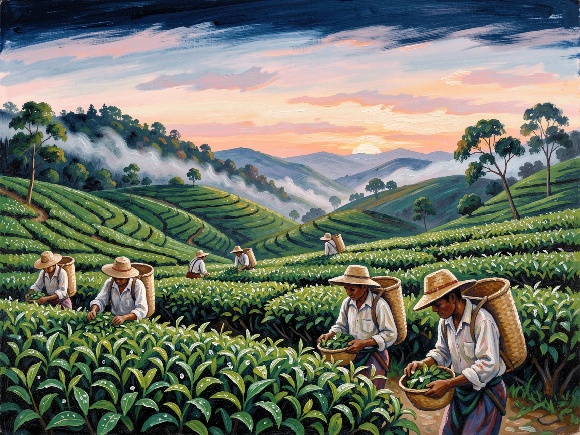 A quiet tea plantation in Sri Lanka with workers gathering leaves at dawn.