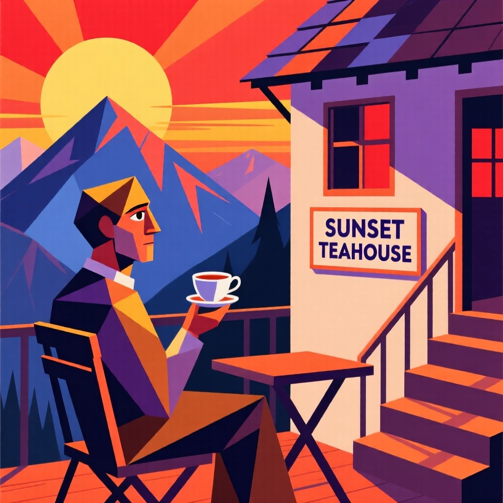 A traveler sipping tea while watching the sunset from a mountaintop teahouse.