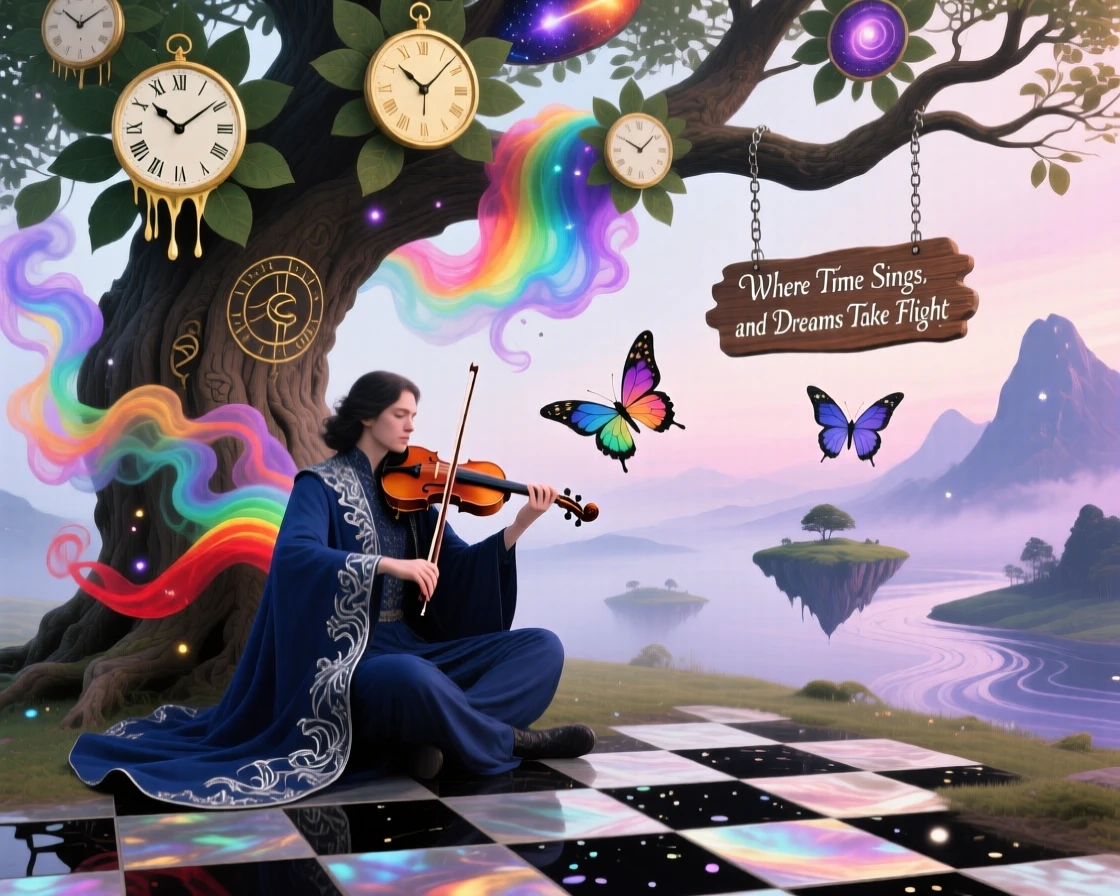 A violinist whose bow trails ribbons of colored smoke sits beneath a tree whose leaves are made of clock faces, while the world around them fades into soft watercolor mist.