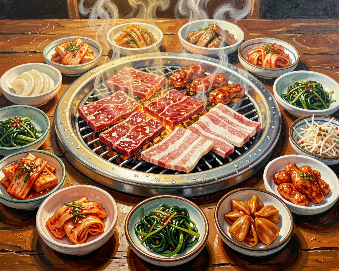 A colorful Korean barbecue table shows sizzling meat on a tabletop grill surrounded by small dishes of banchan side dishes, steam or condensation visible in small details that suggest the dish was just prepared.