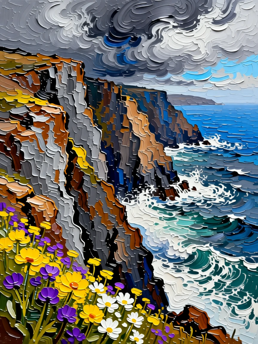 A jagged coastline in Cornwall with wildflowers clinging to windswept cliffs